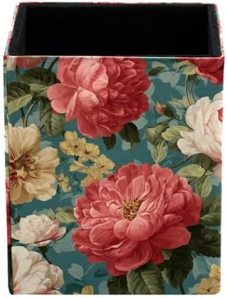 Beautiful Flowers Pen Holder for Desk Decor, Rectangular PVC Leather Pencil Cup for Desk Pen Organizer, Makeup Brush Holder for School, Home, Office