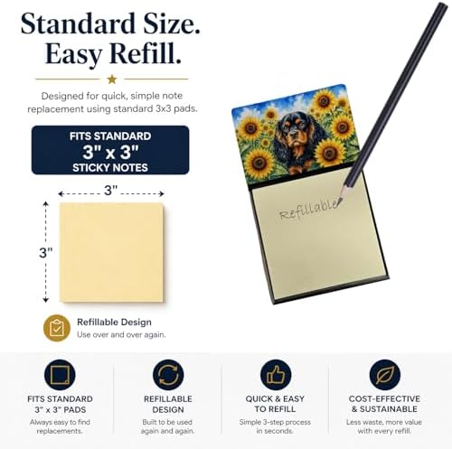 Caroline's Treasures Cavalier Spaniel in Sunflowers Watercolor Sticky Note Holder Refillable Dispenser Desk Accessory 3x3 Pad Gift