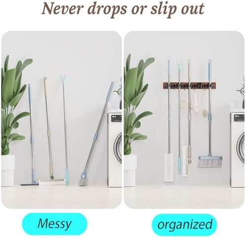 Broom Holder Wall Mount, Rustic Wood Broom Hanger with 5 Racks and 4 Hooks, Laundry Room Organization and Storage, Mop Holder for Home Decor, Garden, Garage, Kitchen, Closet (Black walnut Wood)