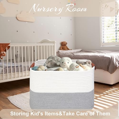 Large Cotton Rope Storage Basket with Leather Handles, Laundry Hamper Basket, 20 "L x 14" W x 12 "H, Durable & Stylish Organizer for Home.(Large Gray)