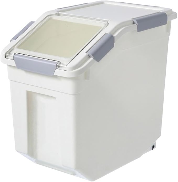 HANAMYA 32.5 Liter / 35 lbs Pet Food Storage Container with Measuring Cup, BPA free, For Dog Food | Cat Food | Rice | Grain | Flour, White & Gray, 1 count