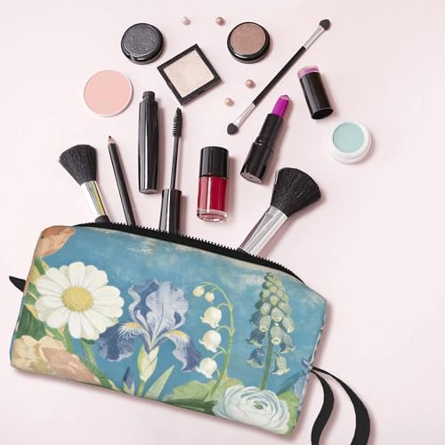 Vintage Floral Garden Makeup Bag for Women with Wrist Strap | Durable 600D Oxford Fabric Cosmetic Organizer,Compact Travel Pouch with Handle for Gym & Daily Use