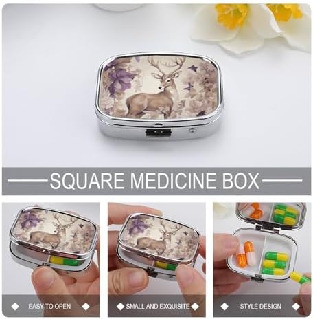 Pill Organizer, Portable Pill Box, Travel 7 Day Pillcase Deer Birds with Flowers Medicine Organizer 2 Compartments Medicine Container for Vitamins, Medications, Fish Oil and Supplements