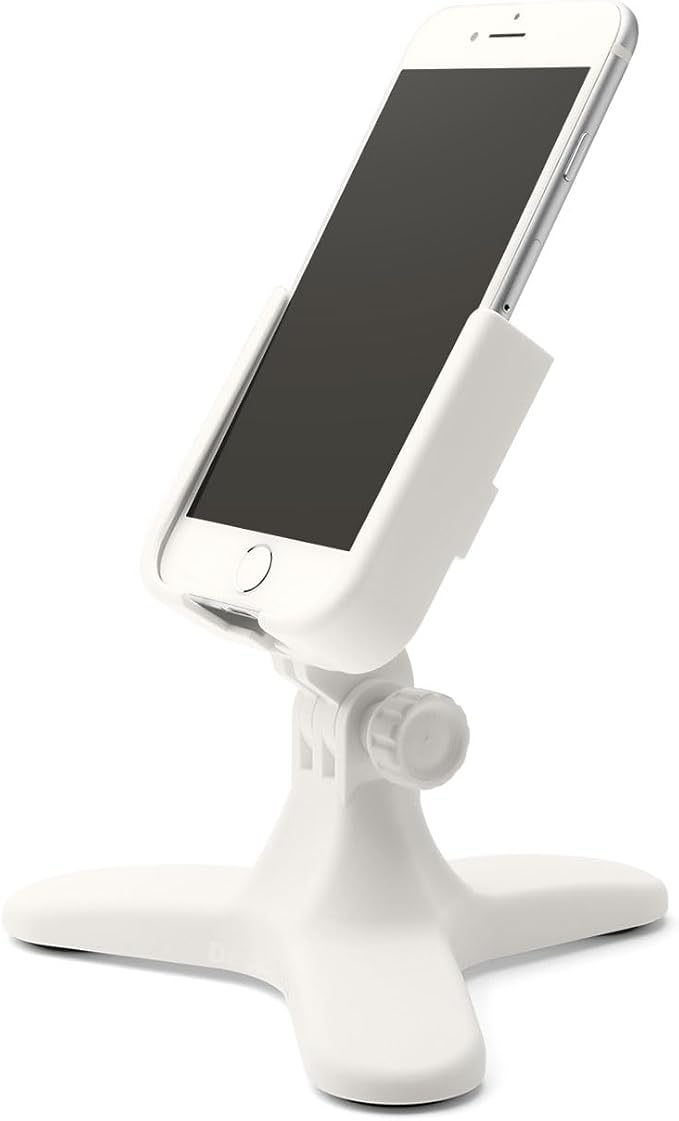 WeatherTech DeskFone in White - Adjustable, Universal Cell Phone Holder Mount Stand for Desk, Counter, Table - Tripod Design for iPhone & Smartphone Charging - Silver Metal Knobs
