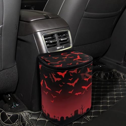 Halloween Red Black Bats Garbage Can/Bag with Lid Organizer and Storage Bag Auto Rubbish Bags Universal Car Accessories Interior Decoration