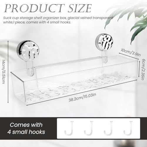 Huakaile 15''/38.2 CM Corrugated Suction Cup Storage Holder Shelf, Wall-Mounted Suction Shower Caddy with Drainage Holes & 4 Hooks No Drill Movable Rack Organizer for Bathroom Kitchen (Clear)