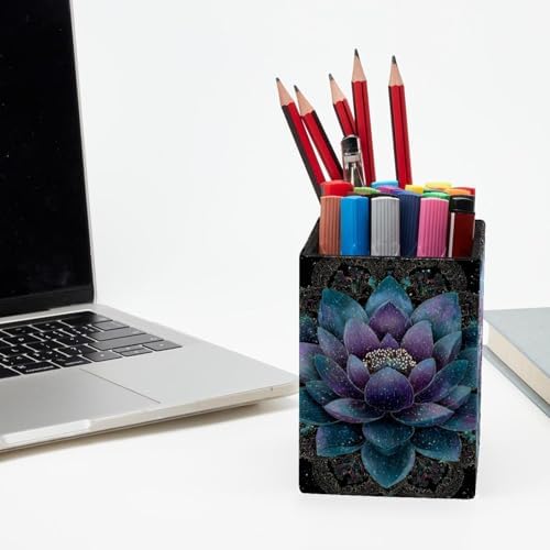 Lotus Flower Pen Holder for Desk Decor, Rectangular PVC Leather Pencil Cup for Desk Pen Organizer, Makeup Brush Holder for School, Home, Office