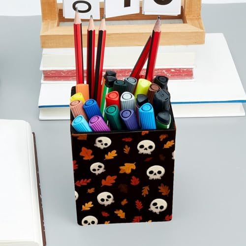 Skull Pen Holder for Desk Decor, Rectangular PVC Leather Pencil Cup for Desk Pen Organizer, Makeup Brush Holder for School, Home, Office