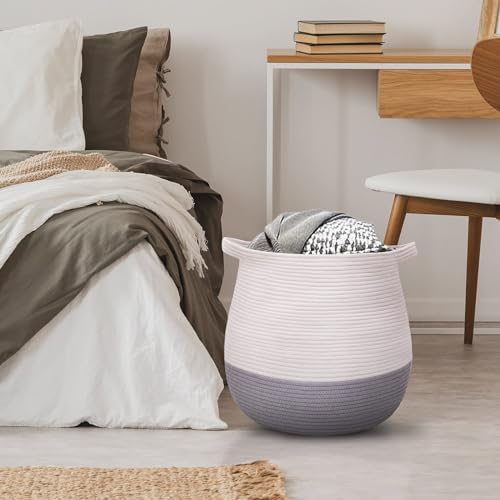 Large Cotton Rope Basket, Woven Storage Basket for Toy, Laundry and Blanket Organizer Basket, Round Hamper Basket with Handles for Kid's Room 17.7"x16.9"
