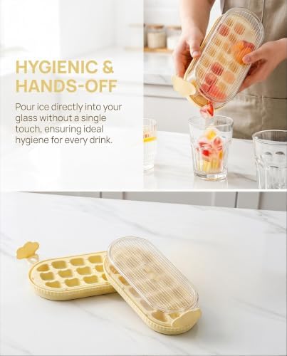 Press Ice Cube Tray with Lid Easy Release Mold Box Fill | PP+TPE+PET, 9.4 x 4.1 x 2.6 In, Ice Maker Stackable Odorless Storage Bin for Cocktail Whiskey Mint , Sweet Yellow