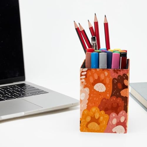 Colorful Pet Paws Pen Holder for Desk Decor, Rectangular PVC Leather Pencil Cup for Desk Pen Organizer, Makeup Brush Holder for School, Home, Office
