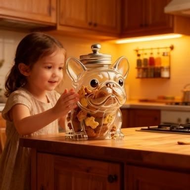 French Bulldog Treat Jar，Airtight Dog Treat Jar, Glass Candy & Cookie Storage Container with Lid, Cute Animal Shape for, Keep Pet Snacks
