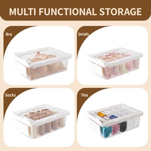 Pull Out Sock Organizer for Closet, 15 Cells Detachable Underwear Drawer Organizer with Slide Rail, Clear Women Drawer Storage for Underwear, Socks, Ties, Belts, Scarf