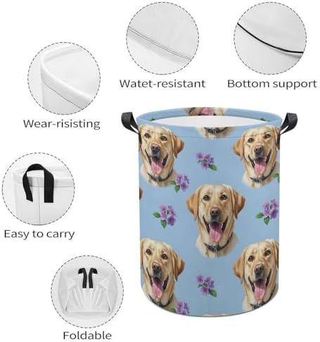 Collapsible Clothes Basket with Handles Floral Yellow Labrador Dog Pet Painting, Large Waterproof Laundry Hamper for Toy, Towel, and Home Organization