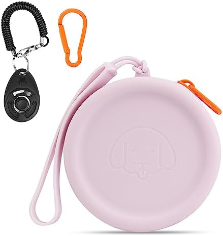 WALLFID Silicone Dog Treat Pouch Small Bag,with Pet Training Clicker,Walking Bag for Dog and Cat, Pocket Size, Easy to Clean, Odorless, Zipper Design,Moisture-Proof,Travel Walking Bag.(Purple)