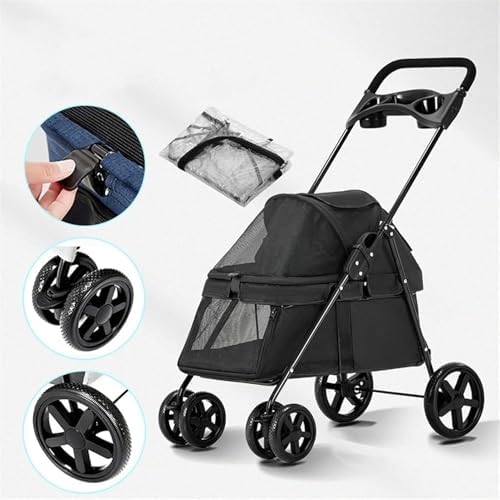 Small Pet Dog Pram Stroller for Cats with Cup Holder, Dog Strollers for Small Dogs Premium Stroller with Rain Cover, Breathable Pushchairs Pet Gear(Nero)