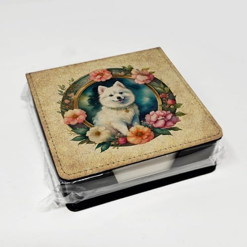 Caroline's Treasures Japanese Spitz and Flowers PU Leather Note Paper Holder with Artist-Designed Cover, Desk Accessory, Office Gift