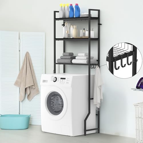 Over The Toilet Storage 3 Tier Over Toilet Bathroom Organizer | Over the Toilet Storage Cabinet, Freestanding Above Toilet Stand, with Paper Holder and 4 Hooks, Space-Saving, Black