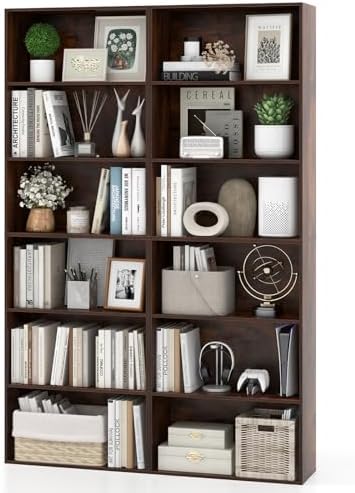 Giantex 6-Tier Bookcases Set of 2, 70" Tall Wooden Bookshelf, Freestanding Storage Organizer w/Open Shelves, Anti-Tipping Kits, Modern Floor Standing Display Shelves for Living Room, Rustic Brown