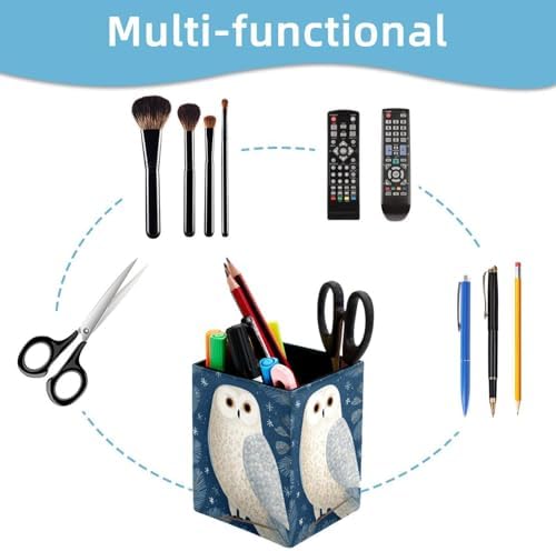 Owl Pen Holder for Desk Decor, Rectangular PVC Leather Pencil Cup for Desk Pen Organizer, Makeup Brush Holder for School, Home, Office