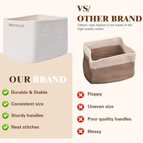 Storage Baskets for Organizing, 4 Pack Baskets for Shelves, Decorative Storage Bins for Shelves, Cotton Rope Storage Basket with Handles, Woven Basket for Storage, 13''Lx8.7''Wx7.9''H, White