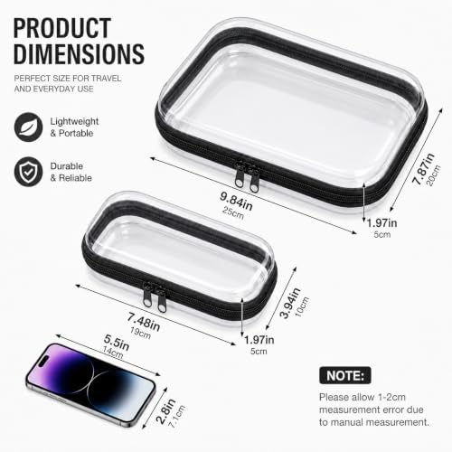 2-Pack Clear Hardshell Zipper Case, 1.2mm Thicken Crush-Proof Travel Toiletries Bag, TSA Approved Portable Zipper Pouches, Rigid Toiletry & Diaper Bag Organizer for Tech, Toys & Art Supplies(Black)