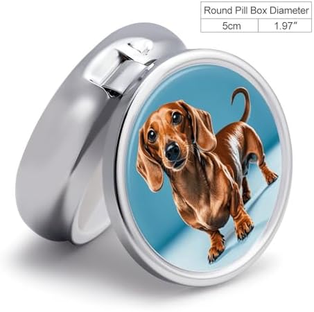 Dachshund Weiner Pet Dog Pill Box 3 Compartment Small Pill Case for Purse Or Pocket Mini Metal Pillcase Medicine Organizer, Round Daily Medicine Container to Hold Vitamins, Fish Oil