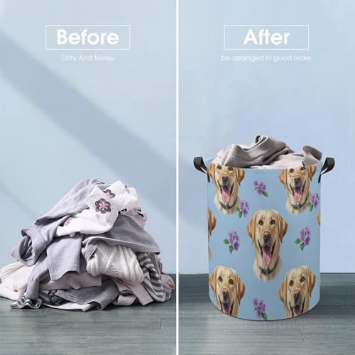 Portable Waterproof Hamper Floral Yellow Labrador Dog Pet Painting, Foldable Laundry Basket with Handles for Bedroom, Bathroom, and Clothes Storage