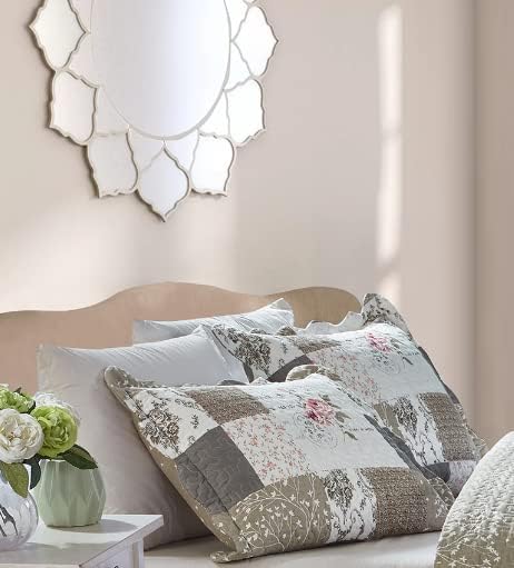 Brilliant Sunshine Pink Roses & Grey Toile Pillowshams Set, 20"x26"+2" | Patchwork Design, Quilted Standard Pillowcases, Washable Scallop Edge Pillow Covers, Pack of 2