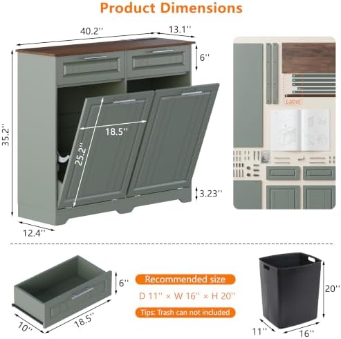 Double 10 Gallon Tilt Out Trash Can Cabinet with Deodorizing Function and Power Outlet, Wooden Hidden Garbage Can Holder with 2 Storage Drawers for Kitchen, Laundry Hamper Cabinet for Bathroom, Green