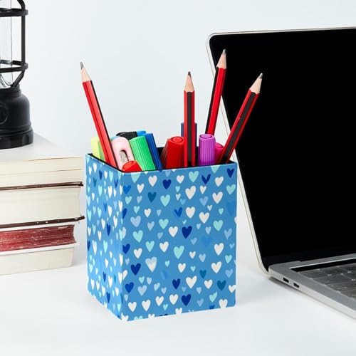 Cute Love Heart Pen Holder for Desk Decor, Rectangular PVC Leather Pencil Cup for Desk Pen Organizer, Makeup Brush Holder for School, Home, Office