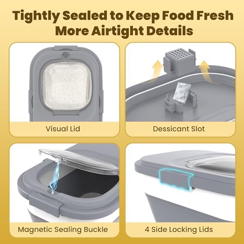 HOYTAMDA 20-30Lbs Collapsible Rice Container,Food Storage Containers Wheels | Rice Storage Container with Airtight Clear Lid,Handle,Small Bin &Scoop,Rice Dispenser for Flour Sugar Cereal Dog Cat Food