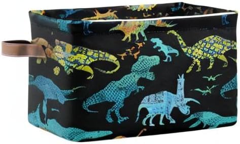 Dinosaur Pattern Storage Basket Bin, Large Cube Storage Box Canvas Collapsible Storage Organizer for Home Office Closet - 15 L x 11 W x 9.5 H