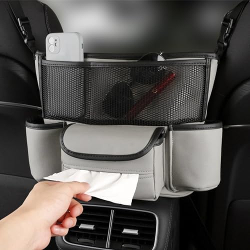 Car Handbag Holder Between Seats, PU Leather Large Capacity Car Purse Holder for Front Seat, Seat Back Net Bag Double-sided Tissue Storage Handbag Holder Car Accessories (Gray)