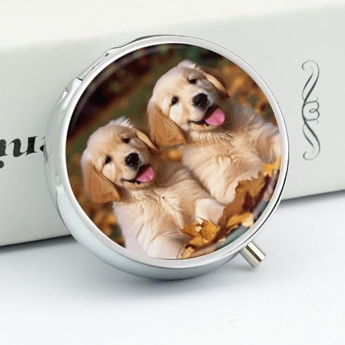 Golden Retriever Dogs Puppies Pets Pill Box Exquisite Round Pill Organizer 3 Compartments Portable Pill Case Waterproof Mini Medicine Container Cute Medicine Box for Pocket Purse Daily Vitamin Holder