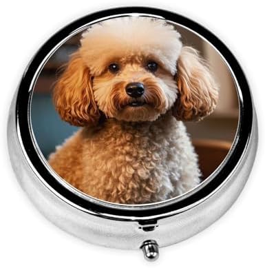 Pill Box with Mirror Cute Pet Poodle 3 Compartment Small Pill Case for Purse Or Pocket Mini Metal Pill Holder Travel Weekly Medicine Tablet Vitamin Holder Organizer Travel Gifts
