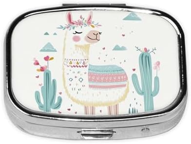 Pill Box 2 Compartment Medicine Pill Case for Pocket or Purse Mini Metal Pill Holder Cute Hand Drawn Llama Pill Case Vitamin Organizer Portable Travel Pill Container to Hold Supplements Vitamins