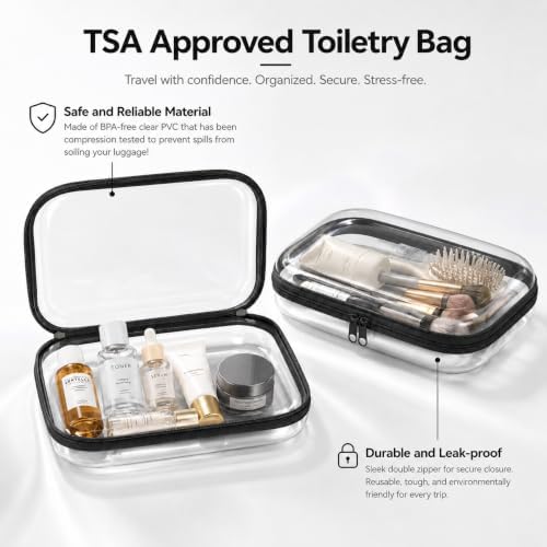 2-Pack Clear Hardshell Zipper Case, 1.2mm Thicken Crush-Proof Travel Toiletries Bag, TSA Approved Portable Zipper Pouches, Rigid Toiletry & Diaper Bag Organizer for Tech, Toys & Art Supplies(Black)