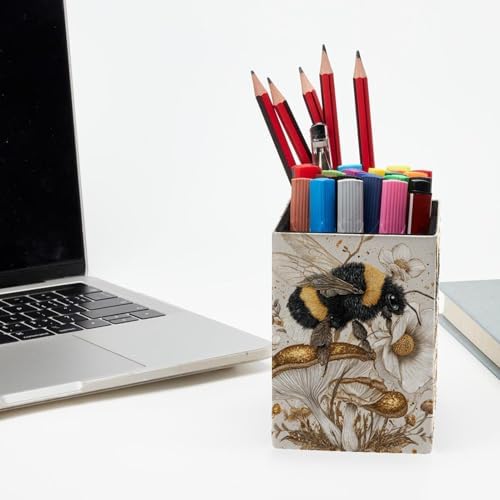 Bee and Mushroom Pen Holder for Desk Decor, Rectangular PVC Leather Pencil Cup for Desk Pen Organizer, Makeup Brush Holder for School, Home, Office