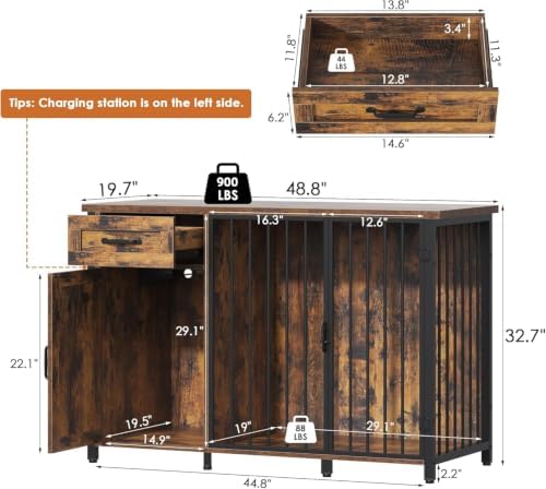 kepptory 30 Inch Dog Crate Furniture with Cabinet, Heavy Duty Farmhouse Dog Kennel with Charging Station, Wooden End Table TV Stand with 900 LBS Capacity and Adustable Feet