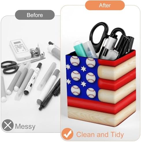 Fashion Leather Pen Holder Desktop Stationery Organizer Makeup Brush Cup American Flag Baseball Bats And Balls