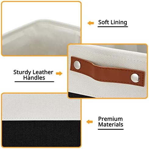 DULLEMELO Large Fabric Basket for Organizing, 17"x12"x15" Storage Basket With Leather Handles, Collapsible Storage Bin for Clothes, Toys, Books, Office, Bedroom, Closet, Nursery&Laundry (White&Black)