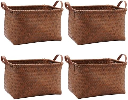 GIB Wicker Woven Storage Baskets for Organizing Blankets Laundry Shelves | Clothes Hamper, Large Closet Storage Bins Organizer, for Living Room Toys Shoes Organization, Plastic Rattan, Brown, 4 Pack