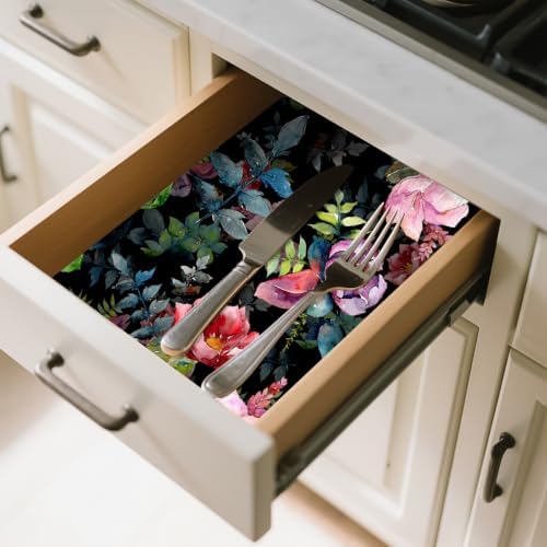 HAOKHOME Adhesive Shelf Liner Black Purple Floral Kitchen Drawer Liners | Peel and Stick Contact Paper Vintage Botanical Bathroom Cabinets Cupboard Dresser Drawers Furniture Decorative 17.3in x 6.5ft