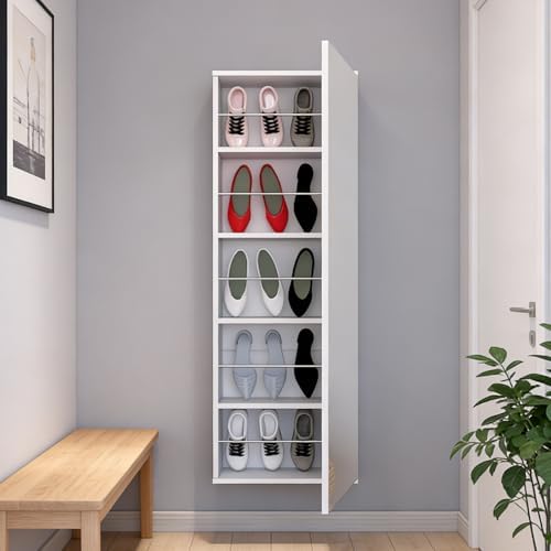 Shoe Cabinet with Mirror Modern Black Mirrored Shoe Storage Cabinet 67" Tall 5-Tier Shelves Narrow Shoe Storage Cabinet for Entryway Space Saving Furniture (Wall-Mounted, Grey)