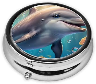 ZhongGuo Cute Dolphin Printed Pill Organizer,Round Travel Pill Organizer Mini Medicine Pill Box for Purse Iron Plating