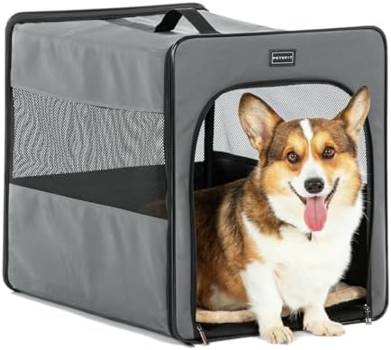 PETSFIT Portable Dog Crate, Travel Dog Crate - 24 Inch with Thicken Mat, Easy to Fold, Sturdy and Portable, Perfect for Traveling, Soft Dog Kennel Grey