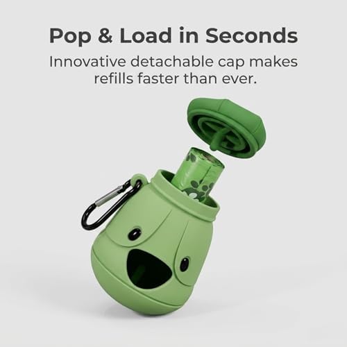 Dog Poop Bag Holder with Hands-Free Used Bag Clip & 1 Roll Bags | Cute silicone design with leash attachment and hands-free clip, making dog walking cleaner and more convenient outdoors