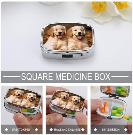 Golden Retriever Dogs Puppies Pets Pill Organizer with Mirror 2 Compartments Waterproof Pill Case for Purse Pocket Non-slip Grip Travel Medicine Organizer Container Box for Vitamin Fish Oil Supplement