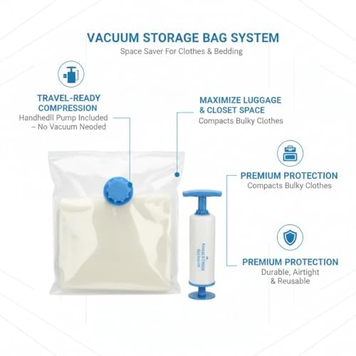 Vacuum Storage Bags with Hand Pump, Space Saver Compression Bags for Clothes and Bedding, Travel and Closet Organization (1 PC)